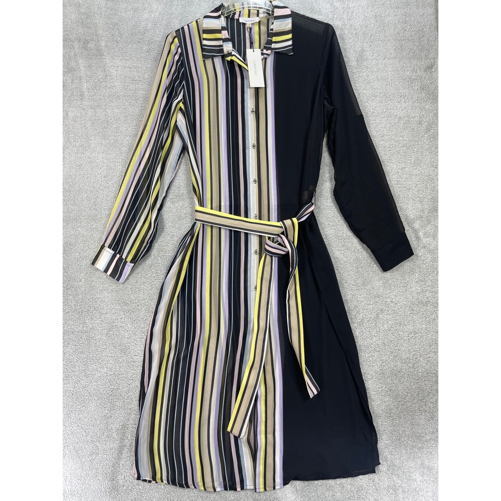 Calvin Klein Shirt Dress Women M Black Multi Striped Sheer Chiffon Belted Midi